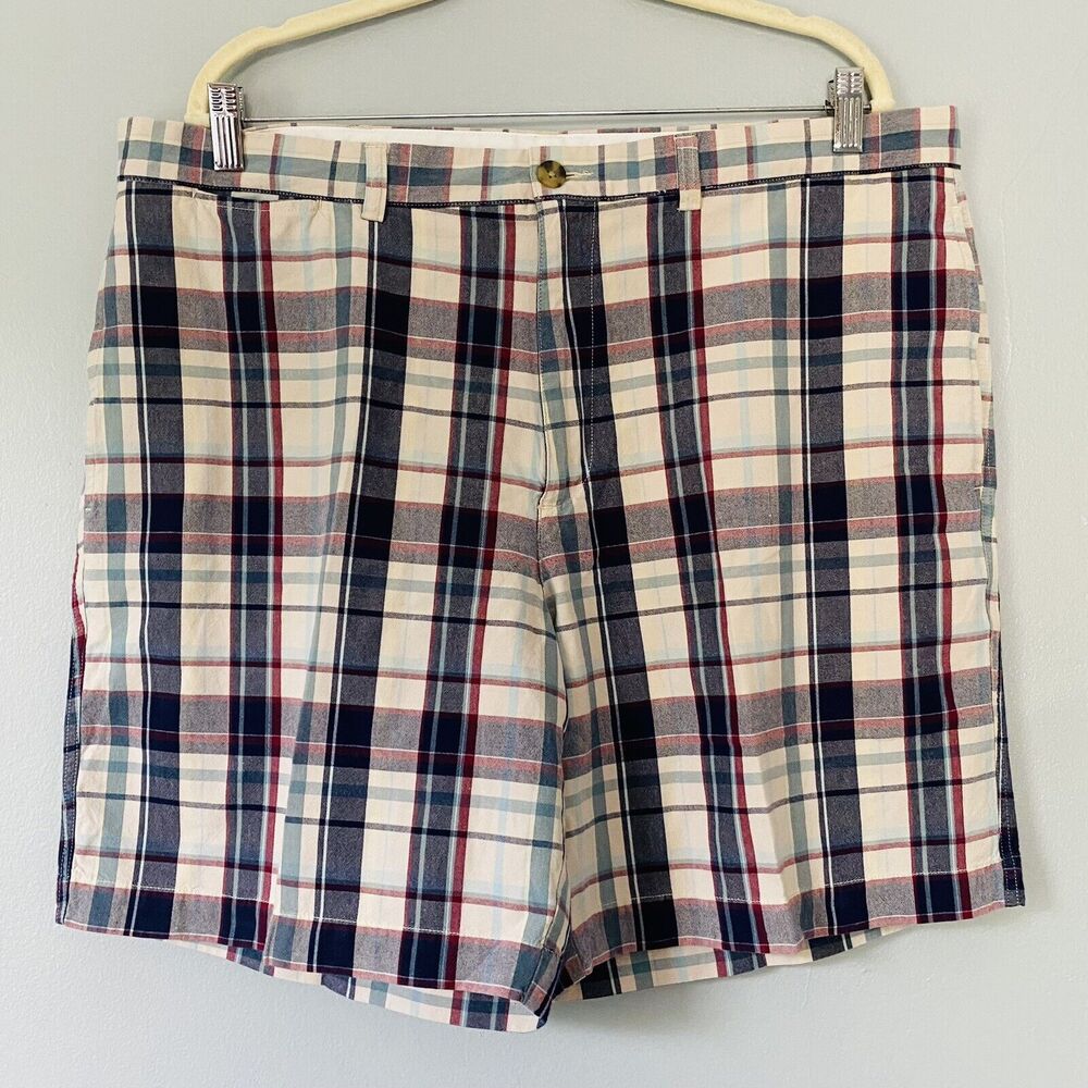 LL Bean Shorts Size 40 Bermuda Golf Navy Blue Cream Plaid Traditional Fit Preppy